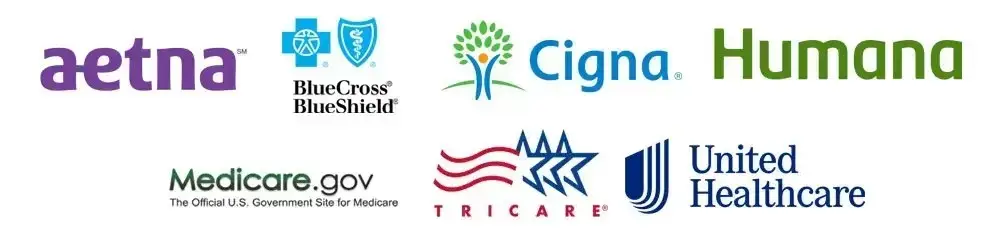 Group of medical logos representing Aetna, BlueCross BlueShield, Cigna, Humana, Medicare, Tricare, and United Healthcare.