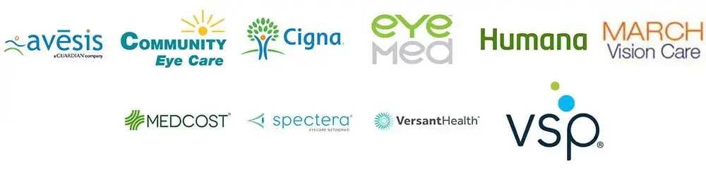 Group of medical logos representing Avēsis, Community Eye Care, Cigna, Eye Med, Humana, March Vison Care, Medcost, Spectera, Versant Health, and VSP.