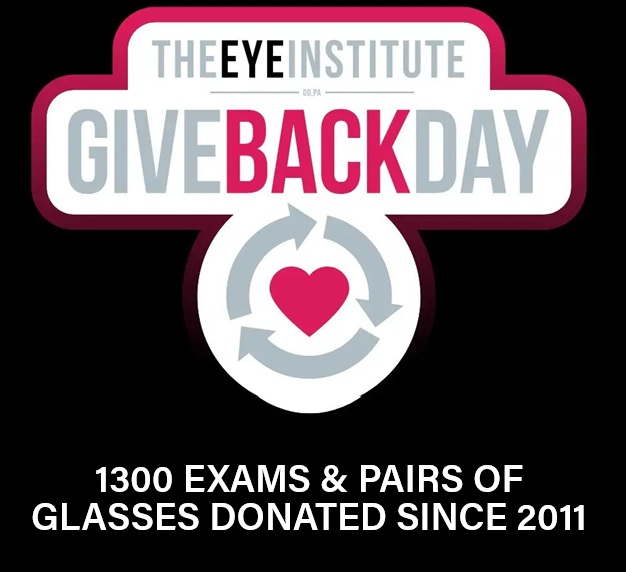 The Eye Institute’s Give Back Day logo - gray and red text on a black background.