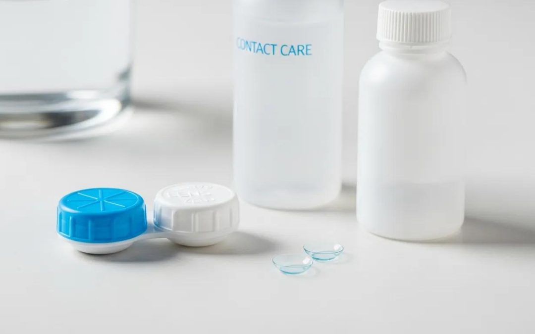 Contact lens care products including solution and case for maintaining eye health