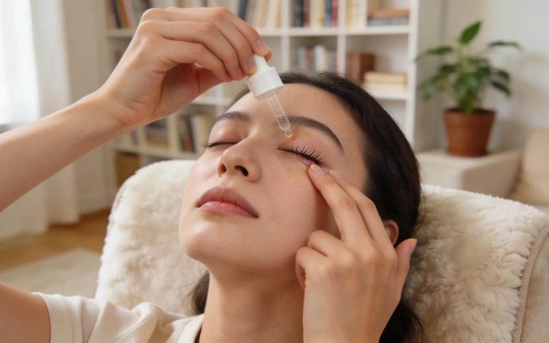 Individual applying eye drops for dry eye syndrome relief