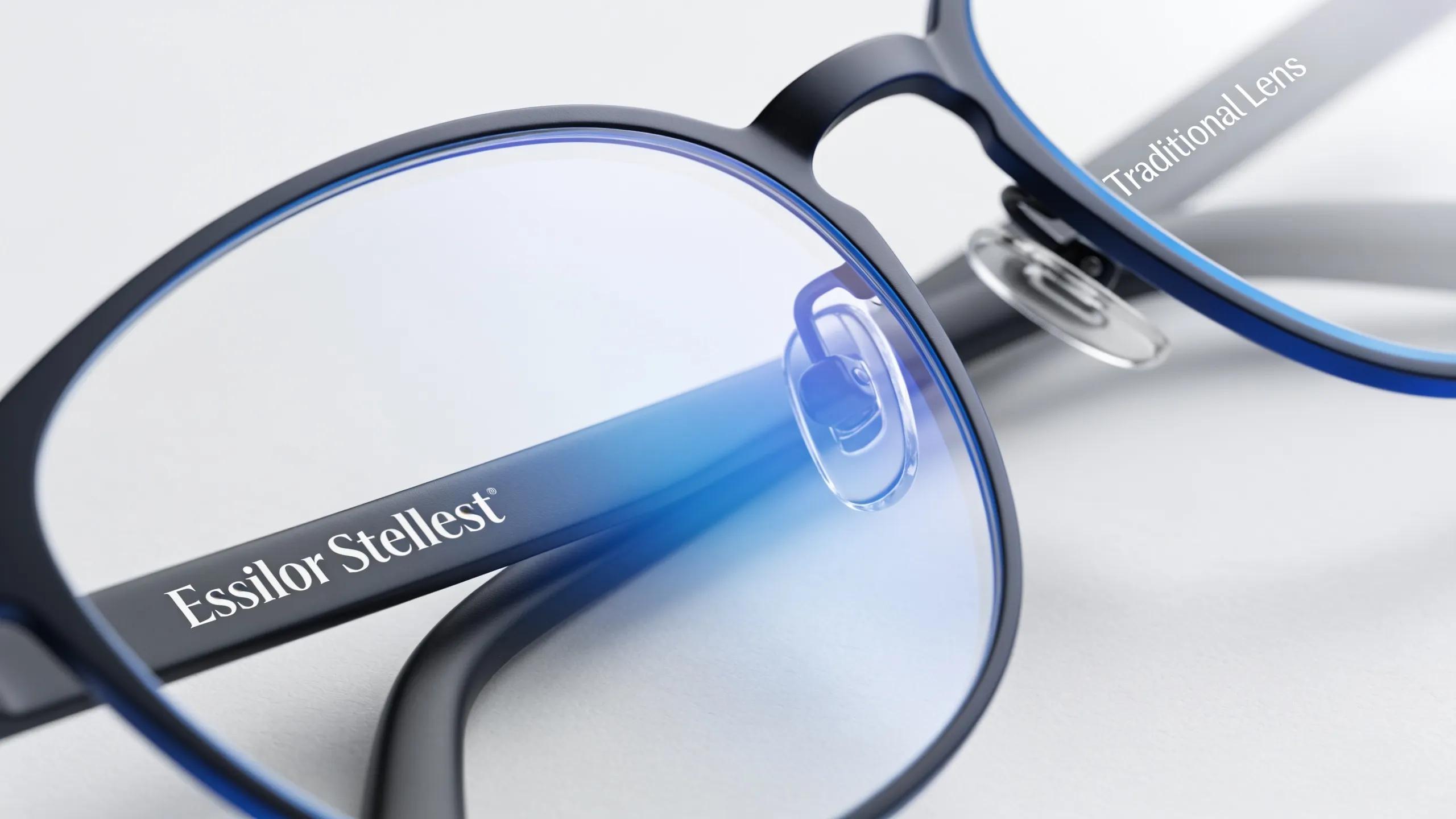 Comparison of Essilor Stellest lenses and traditional spectacles showcasing their unique design features