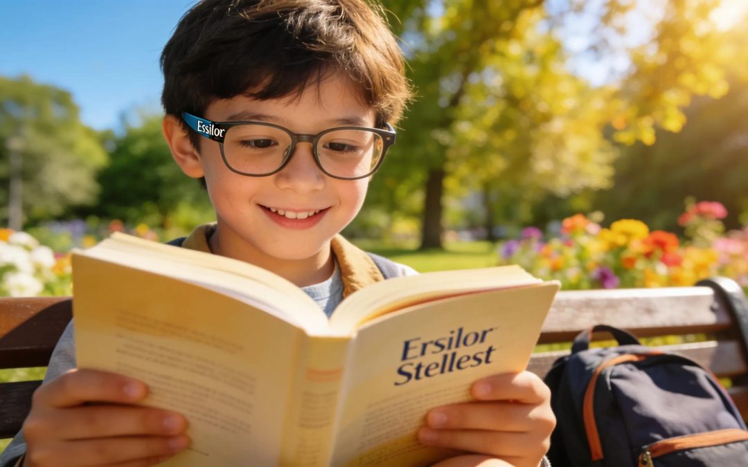Child wearing Essilor Stellest lenses reading outdoors in a sunny park setting