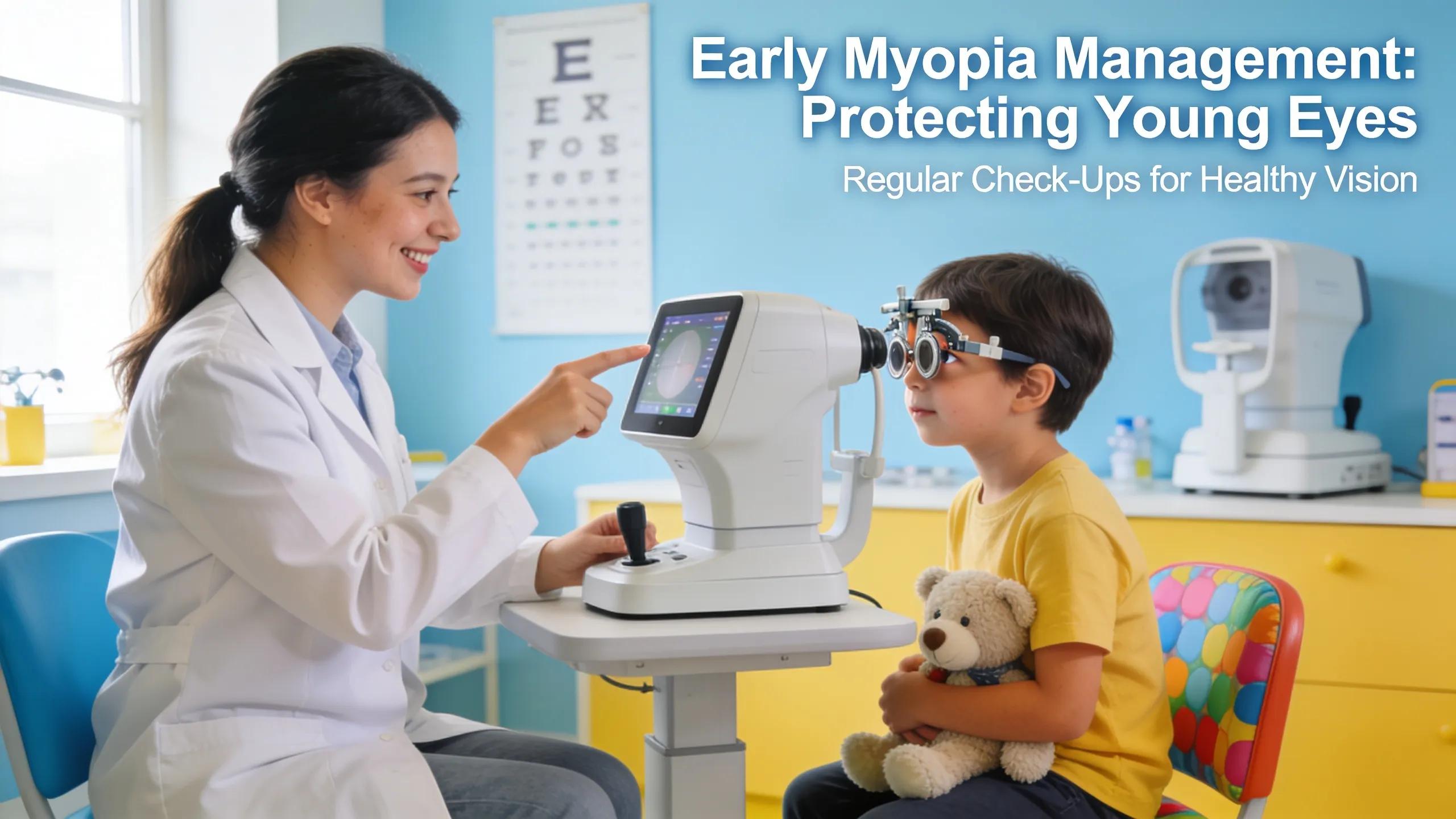 Pediatric eye specialist examining a child's eyes in a modern clinic setting
